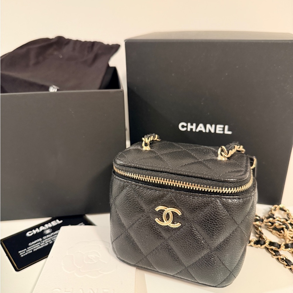 CHANEL Black Quilted Mini Vanity Bag with Gold Hardware